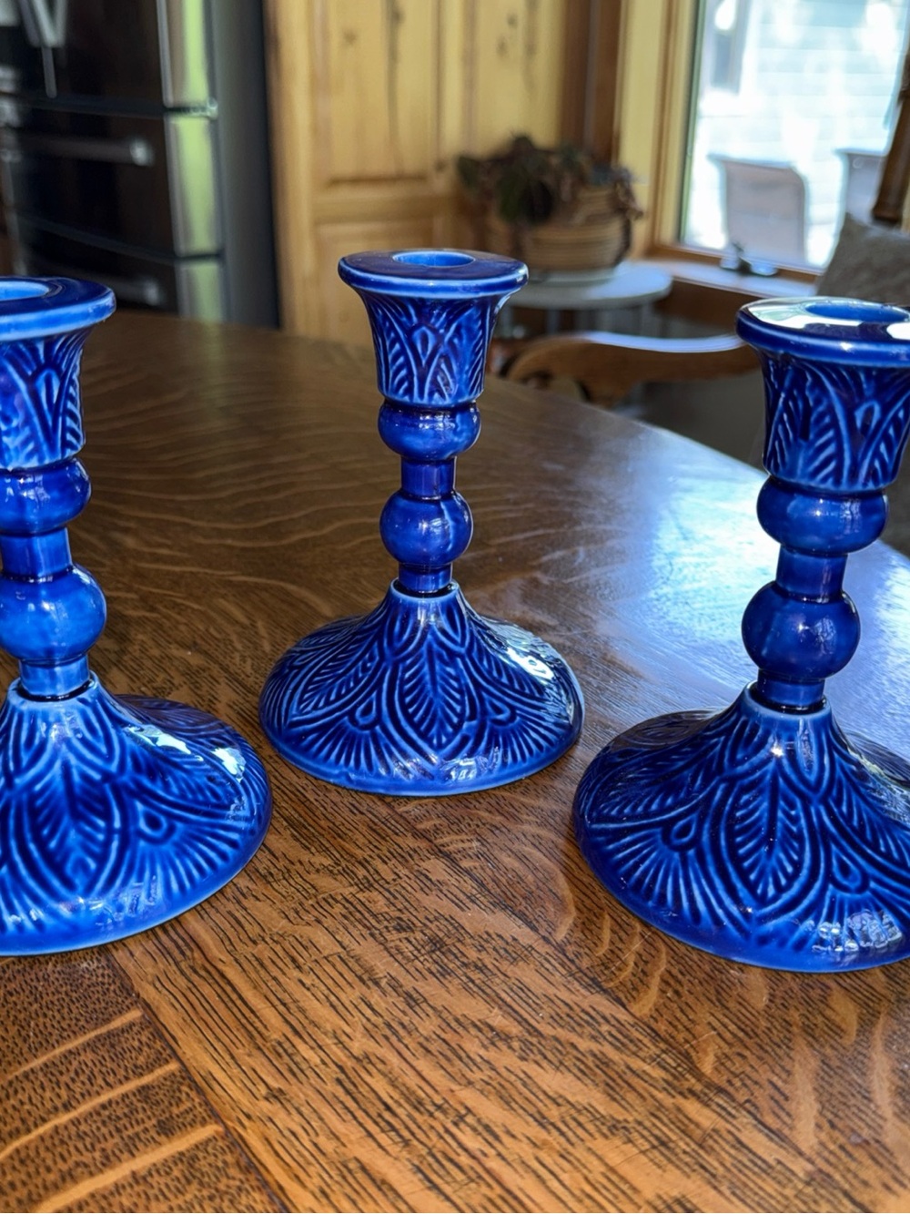 Bright Blue Embossed Ceramic Candlestick Holders - Set of 3